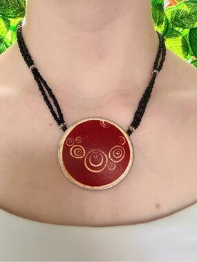 Handcrafted Red painted Ostrich Eggshell Pendant Necklace with Black Beaded Cord